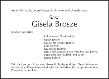 Traueranzeige von Gisela Brosze von Tagesspiegel