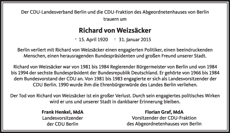  Traueranzeige für Richard von Weizsäcker vom 08.02.2015 aus Tagesspiegel