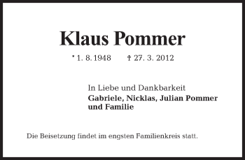 Traueranzeige von Klaus Pommer von Tagesspiegel
