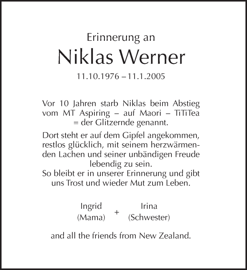  Traueranzeige für Niklas Werner vom 11.01.2015 aus Tagesspiegel