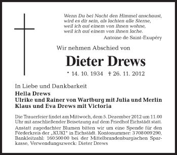Traueranzeige von Dieter Drews von Tagesspiegel