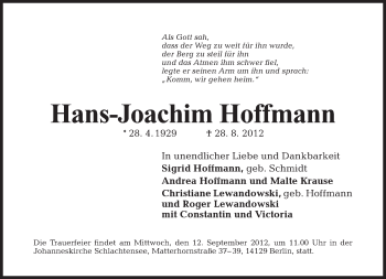 Traueranzeige von Hans-Joachim Hoffmann von Tagesspiegel
