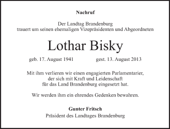 Traueranzeige von Lothar Bisky von Tagesspiegel