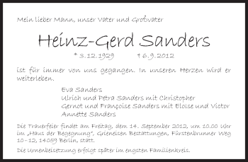 Traueranzeige von Heinz-Gerd Sanders von Tagesspiegel