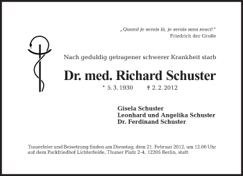 Traueranzeige von Richard Schuster von Tagesspiegel
