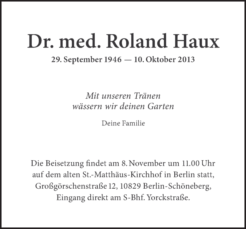  Traueranzeige für Roland Haux vom 25.10.2013 aus Tagesspiegel