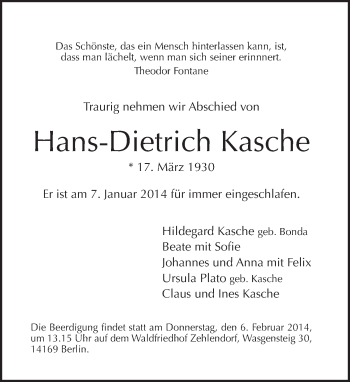 Traueranzeige von Hans-Dietrich Kasche von Tagesspiegel