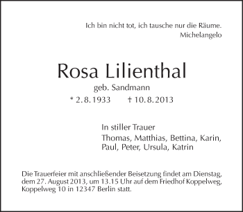 Traueranzeige von Rosa Lilienthal von Tagesspiegel