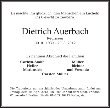 Traueranzeige von Dietrich Auerbach von Tagesspiegel