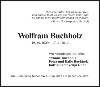 Traueranzeige von Wolfram Buchholz von Tagesspiegel