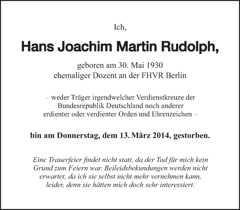  Traueranzeige für Hans Joachim Martin Rudolph vom 23.03.2014 aus Tagesspiegel