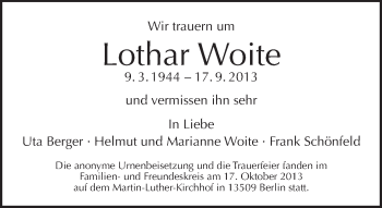 Traueranzeige von Lothar Woite von Tagesspiegel