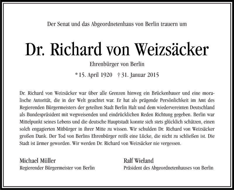  Traueranzeige für Richard von Weizsäcker vom 08.02.2015 aus Tagesspiegel