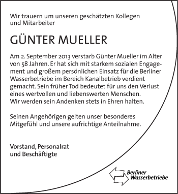 Traueranzeige von Günther Mueller von Tagesspiegel