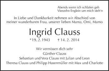 Traueranzeige von Ingrid Clauss von Tagesspiegel