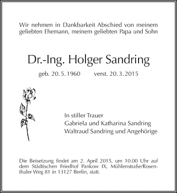 Traueranzeige von Holger Sandring von Tagesspiegel