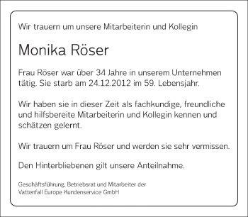 Traueranzeige von Monika Röser von Tagesspiegel