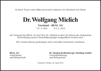 Traueranzeige von Wolfgang Mielich von Tagesspiegel