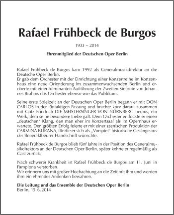 Traueranzeige von Rafael Frühbeck de Burgos von Tagesspiegel