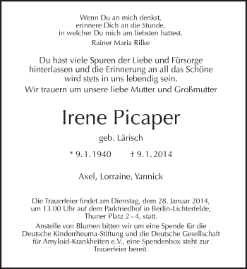 Traueranzeige von Irene Picaper von Tagesspiegel