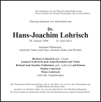 Traueranzeige von Hans-Joachim Lohrisch von Tagesspiegel