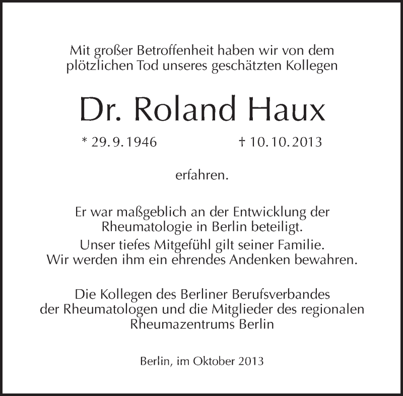  Traueranzeige für Roland Haux vom 27.10.2013 aus Tagesspiegel