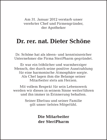Traueranzeige von Dieter Schöne von Tagesspiegel