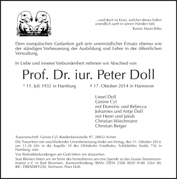 Traueranzeige von Peter Doll von Tagesspiegel