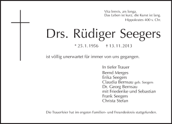 Traueranzeige von Rüdiger Seegers von Tagesspiegel