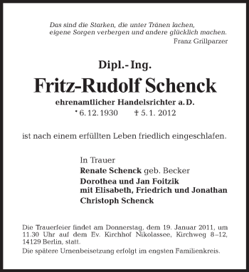 Traueranzeige von Fritz-Rudolf Schenck von Tagesspiegel