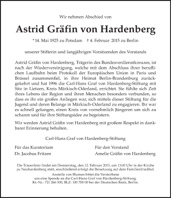 Traueranzeige von Astrid Gräfin von Hardenberg von Tagesspiegel