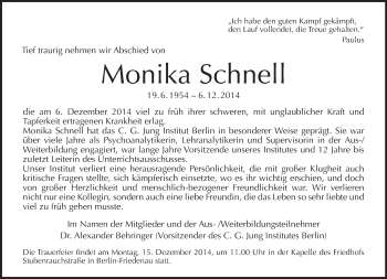 Traueranzeige von Monika Schnell von Tagesspiegel