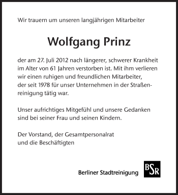 Traueranzeige von Wolfgang Prinz von Tagesspiegel