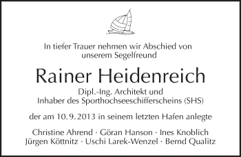 Traueranzeige von Rainer Heidenreich von Tagesspiegel