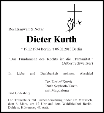 Traueranzeige von Dieter Kurth von Tagesspiegel