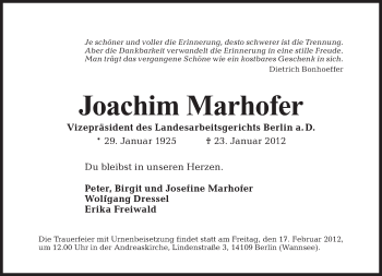 Traueranzeige von Joachim Marhofer von Tagesspiegel