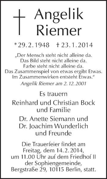 Traueranzeige von Angelik Riemer von Tagesspiegel