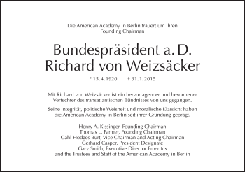 Traueranzeige von Richard von Weizsäcker von Tagesspiegel