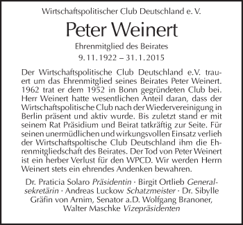 Traueranzeige von Peter Weinert von Tagesspiegel