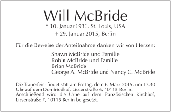 Traueranzeige von Will McBride von Tagesspiegel