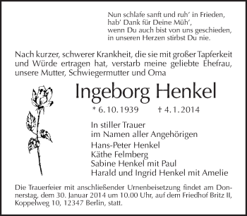 Traueranzeige von Ingeborg Henkel von Tagesspiegel