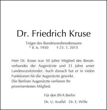 Traueranzeige von Friedrich Kruse von Tagesspiegel