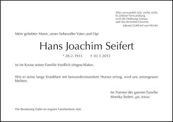 Traueranzeige von Hans Joachim Seifert von Tagesspiegel