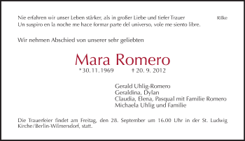 Traueranzeige von Mara Romero von Tagesspiegel