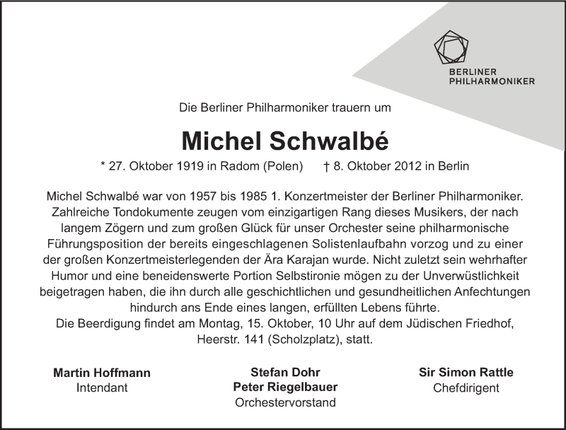  Traueranzeige für Michel Schwalbé vom 14.10.2012 aus Tagesspiegel