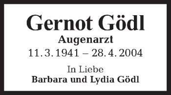Traueranzeige von Gernot Gödl von Tagesspiegel