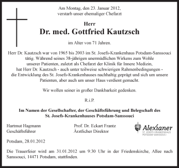 Traueranzeige von Gottfried Kautzsch von Tagesspiegel