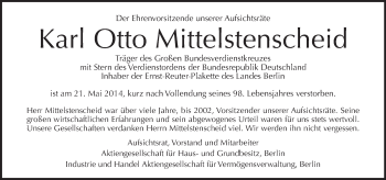 Traueranzeige von Karl Otto Mittelstenscheid von Tagesspiegel