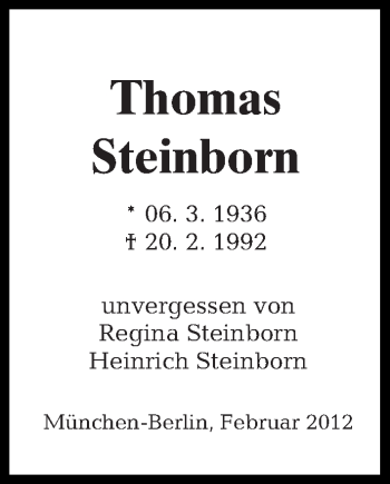 Traueranzeige von Thomas Steinborn von Tagesspiegel