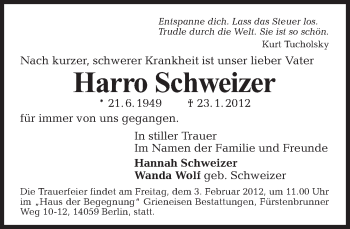 Traueranzeige von Harro Schweizer von Tagesspiegel